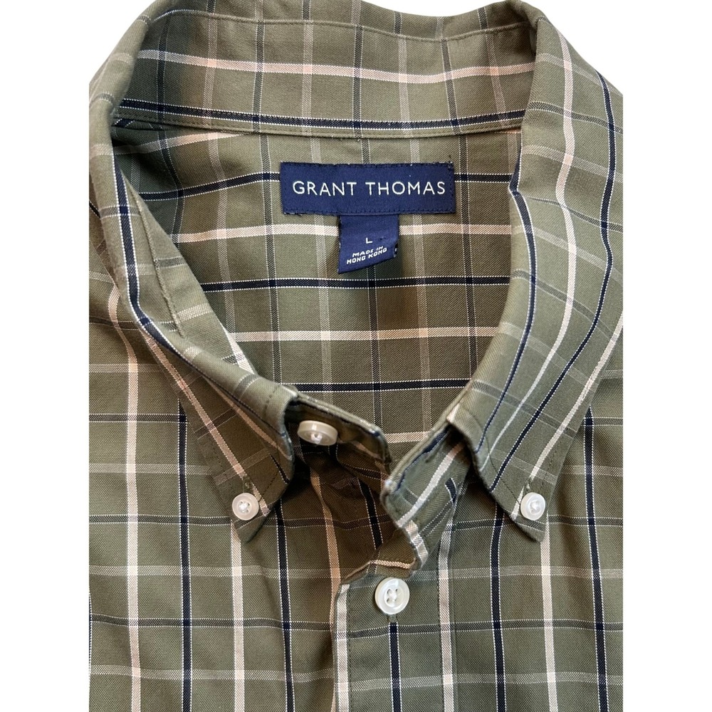 GRANT THOMAS Mens Green Plaid Button Down Shirt Long Sleeve Size L 100 Cotton